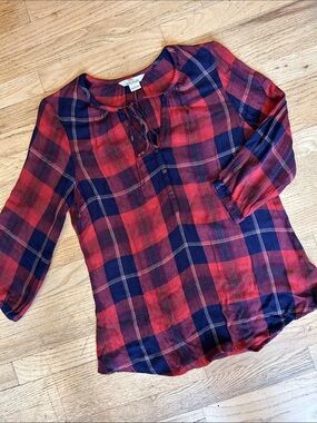 🌸3 FOR $20🌸 Bob Timberlake Plaid Tie-Neck Blouse in Red and Navy
